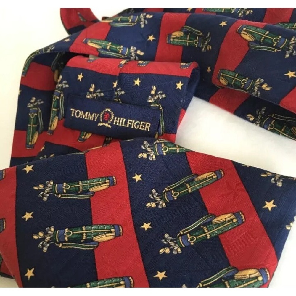 Tommy Hilfiger Men's Neck Tie 100% Italian Silk "Golf Bags" Maroon Navy Stripes